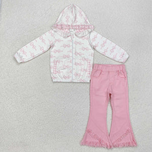 GLP2324 Girls pink bow Long Sleeves pullover tassel jeans outfits