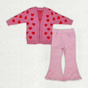 GLP2328 Baby Girls rose long Sleeves sweater pink tassel  jeans Outfits