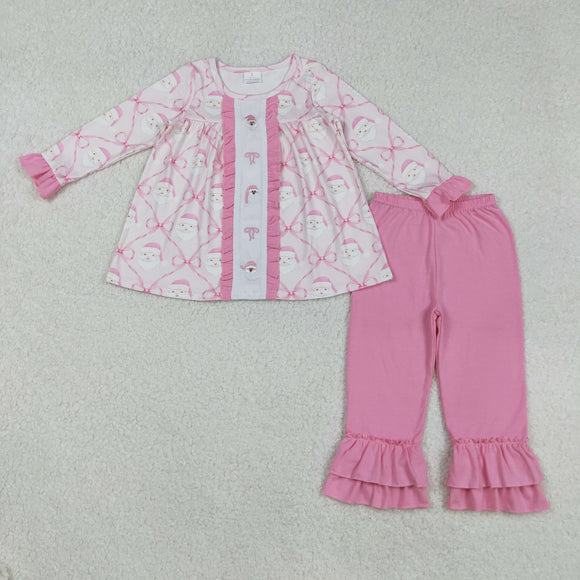 GLP2364 baby Girls Christmas embroidered santa claus  bow pink floral outfits