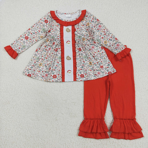 GLP2365 baby Girls Christmas embroidered santa claus  flower orange floral outfits
