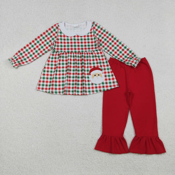 GLP2530 baby girls Christmas embroidered Santa Claus red green checkered outfits
