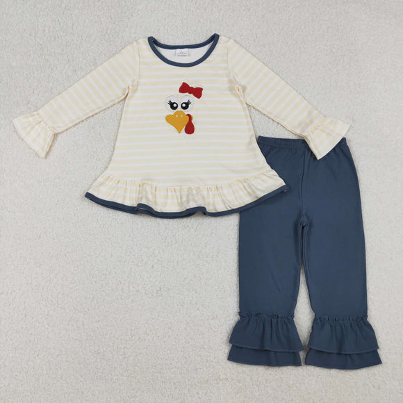 GLP2588 baby Girls embroidred thanksgiving navy  long pant outfits