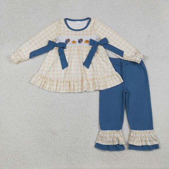 GLP2594 baby Girls embroidred thanksgiving navy  long pant outfits