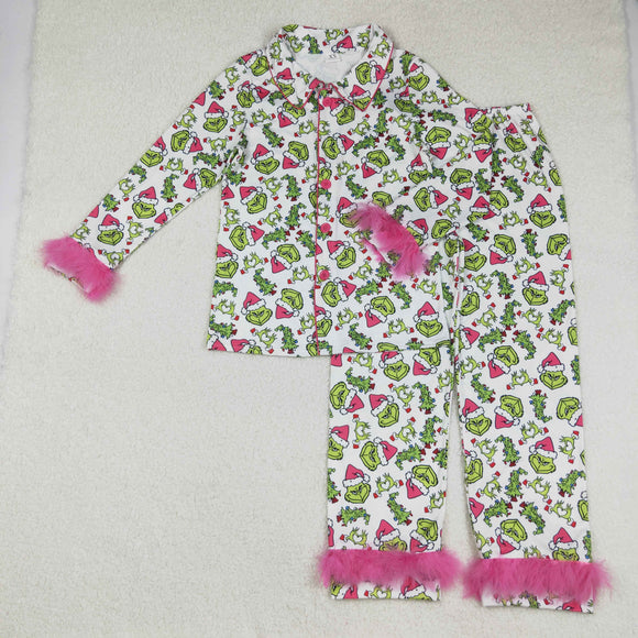 GLP2648 adult women Christmas green button rose furry pajamas