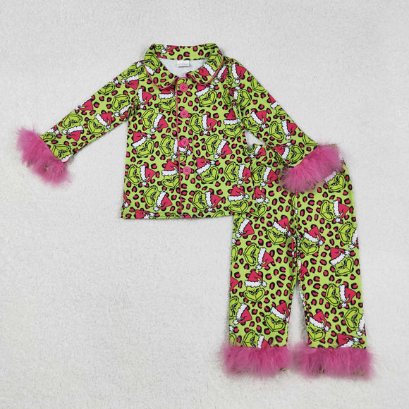 GLP2669 baby girls green button rose furry pajamas