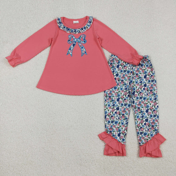 GLP2777 baby girls embroidered flower bow pink long sleeves outfits