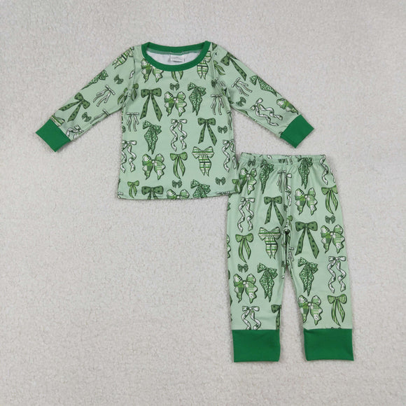 GLP2840 baby girls green bow pajamas 12/18M-7/8T