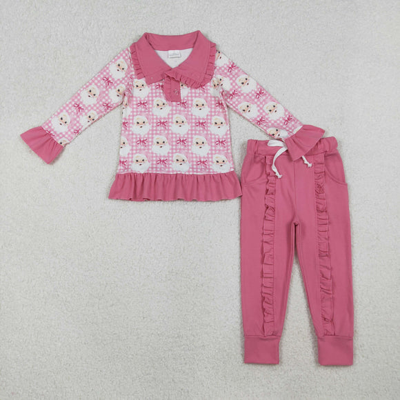 GLP2881 baby girls Christmas Santa Claus button pink checkered outfits 12/18M-7/8T