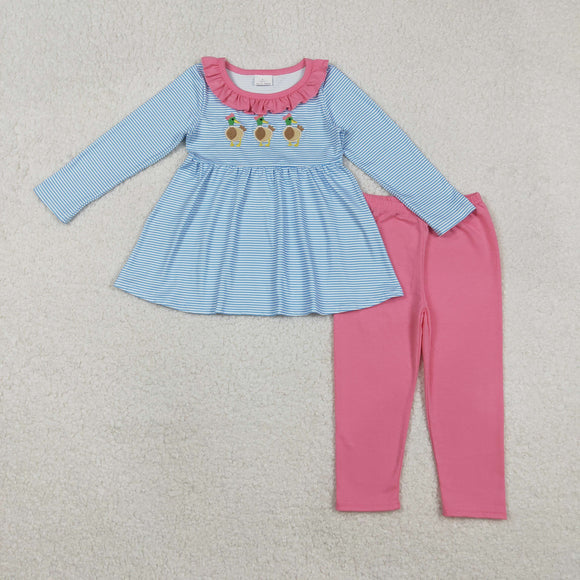 GLP2923 baby girls pink floral blue stripe long sleeve embroidered duck outfits