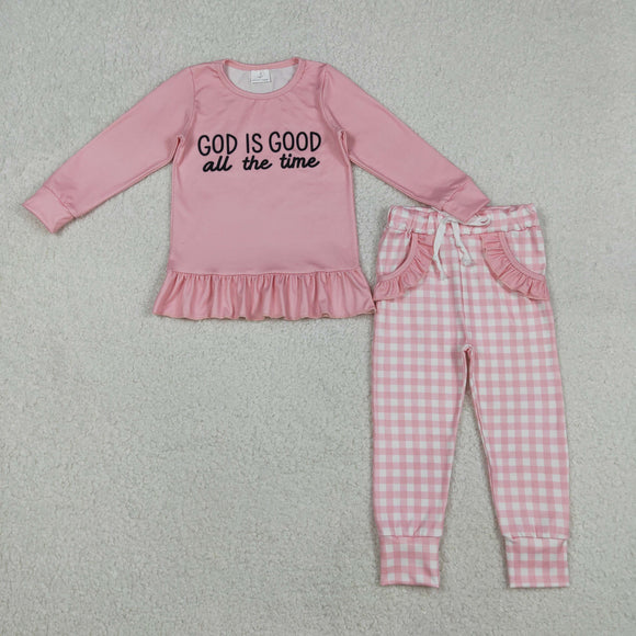 GLP3038 baby girls GOD IS DOOD  long sleeves pink checkered outfits