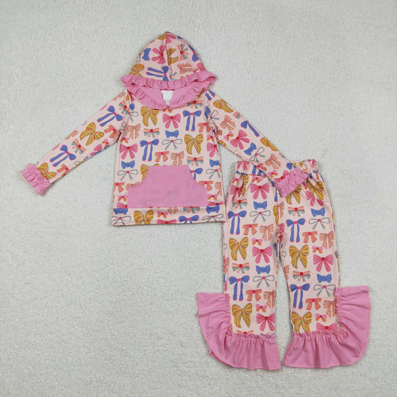 GLP3049 baby girls colorful bow long sleeves floral hooded outfits