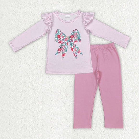 GLP3088 Girls pink flower bow outfits long sleeves