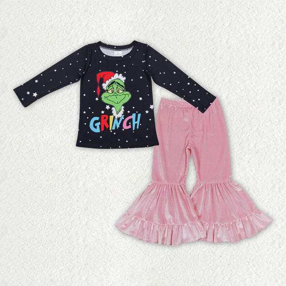 GLP3185  toddler girls Christmas cartoon black long sleeve pink velvet outfits