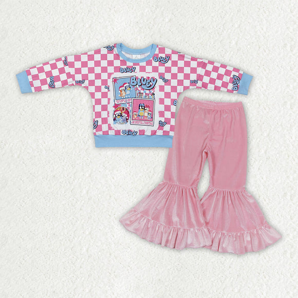 GLP3186  toddler Christmas girls cartoon checkered long sleeve pink velvet outfits
