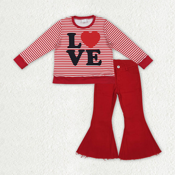 GLP3264 Girls Valentine's LOVE  stripe long sleeve red jeans outfits