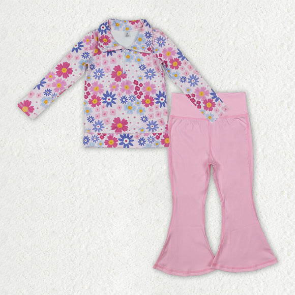 GLD3273 baby girls flower zipper long sleeve pink long pant Outfits yoga