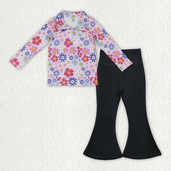 GLD3275 baby girls flower zipper long sleeve black long pant Outfits yoga