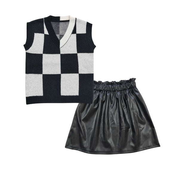 Checked wool waistcoat top +Black leather skirt  outfits