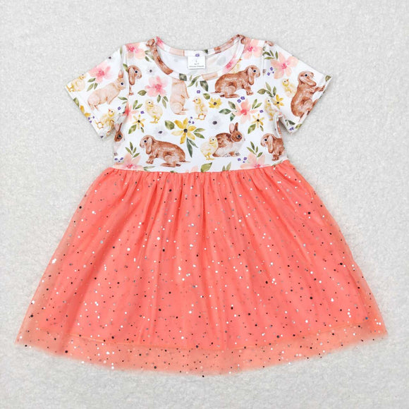 GSD0605--short sleeve rabbit&floral tulle girls dress