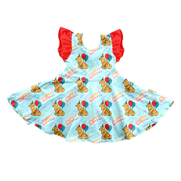 GSD0633--pre order dog balloon blue red short sleeve girls dress