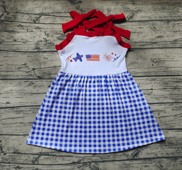 Embroidery Suspender flag blue plaid girls 4th of July dress