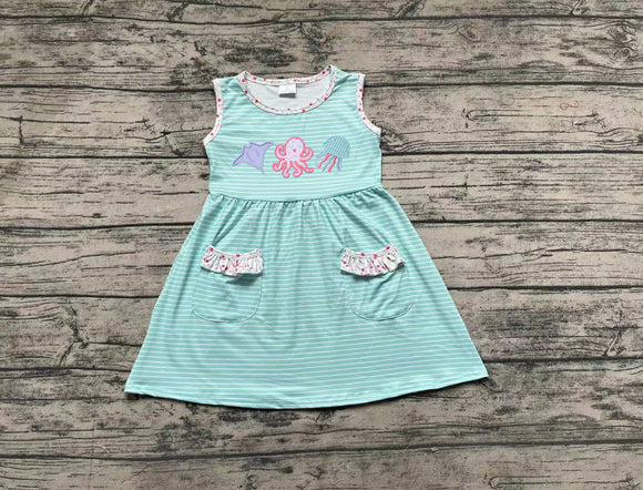 Embroidery Sleeveless stripe pockets octopus baby girls summer dress