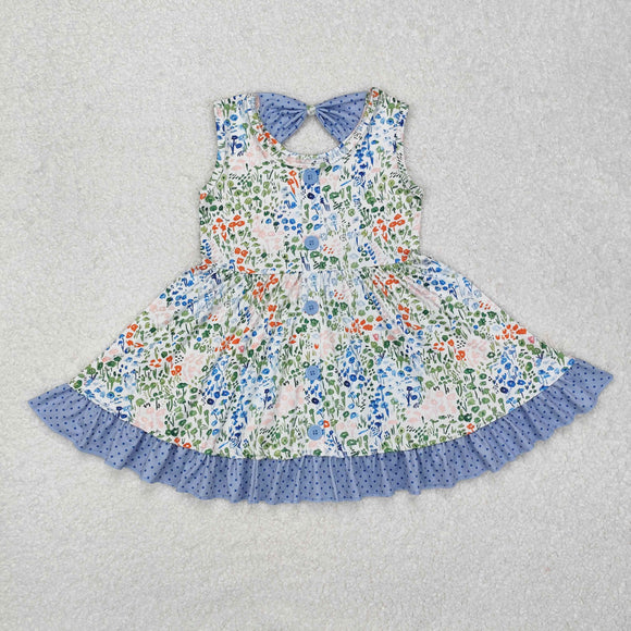 Sleeveless polka dots ruffle floral girls summer dress