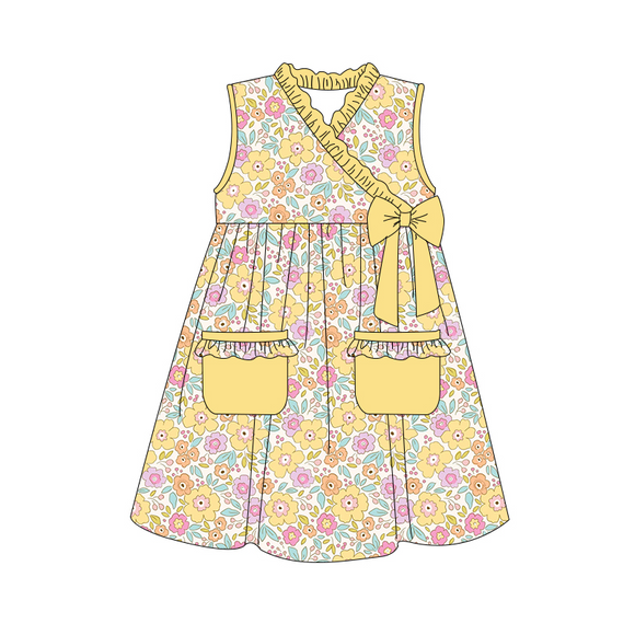 Yellow sleeveless floral pockets baby girls dresses