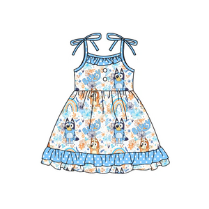 Straps blue dog rainbow floral ruffle girls dresses