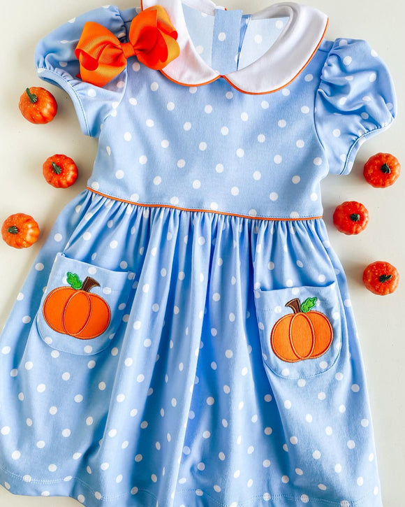 GSD1348 pre order short sleeves pumpkin blue dot girls dress