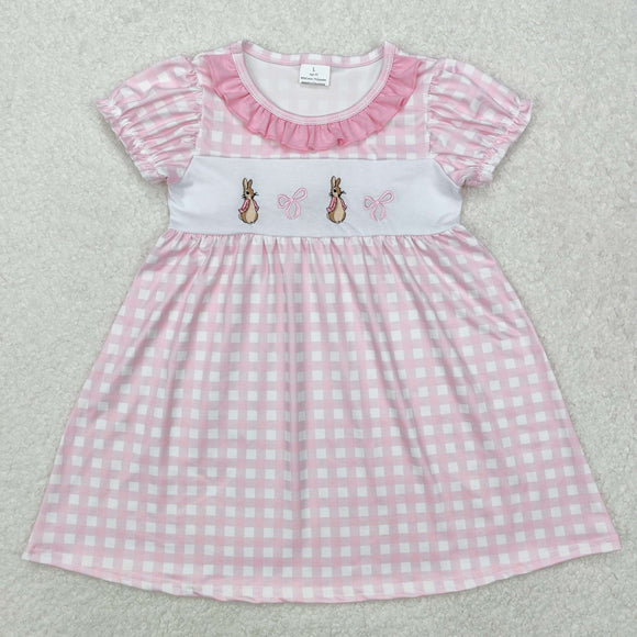 GSD1583 baby Girls embroidered rabbit puff sleeve pink plaid Dress