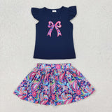 GSD1689 baby Girls dark blue flying sleeve embroidery bow Dress