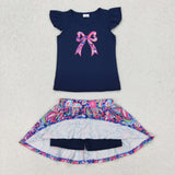 GSD1689 baby Girls dark blue flying sleeve embroidery bow Dress