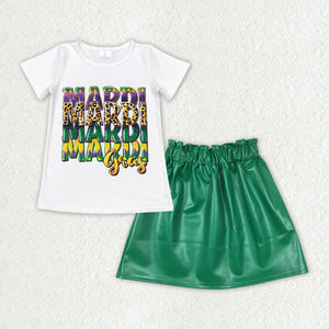 GSD1712 baby Girls Mardi Gras short sleeve green leather skirt outfits