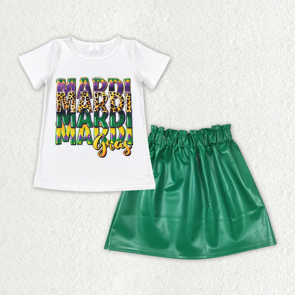 GSD1712 baby Girls Mardi Gras short sleeve green leather skirt outfits