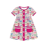 Pre-order GSD1740 baby girls short sleeve bow rose pocket Dress ( Deadline Jan.9)