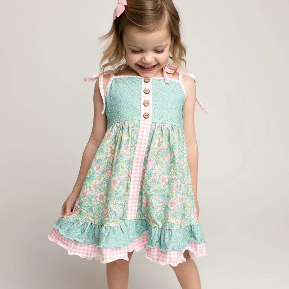 Pre-order GSD1748 baby girls green pink checked floral  Dress ( Deadline Jan.13)