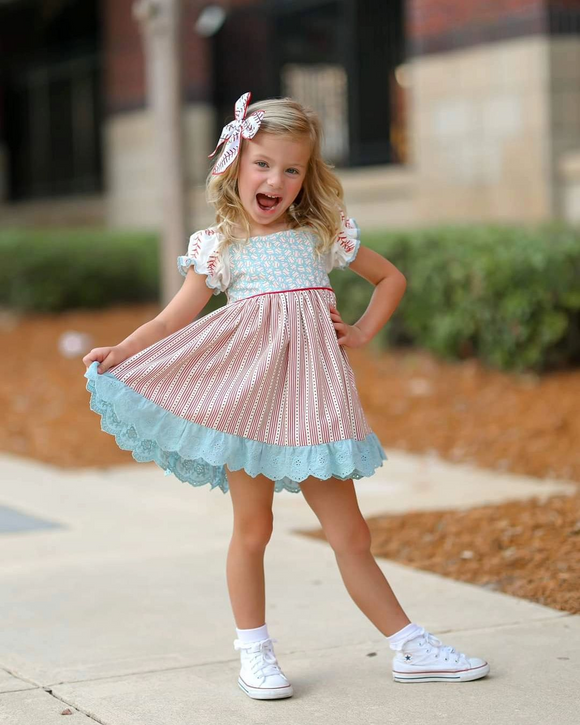 Pre-order GSD1749 baby girls puff sleeve pink blue stripe floral  Dress ( Deadline Jan.13)