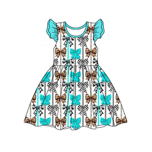 Pre-order GSD1750 baby girls blue brown flying sleeve bow Dress ( Deadline Jan.14)