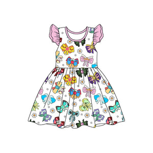 Pre-order GSD1755 baby girls pink flying sleeve colorful  bow Dress ( Deadline Jan.14)