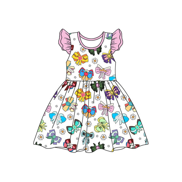 Pre-order GSD1755 baby girls pink flying sleeve colorful  bow Dress ( Deadline Jan.14)