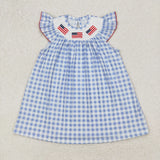 GSD1817 baby Girls July Fourth flying sleeve checked  Dress smocked