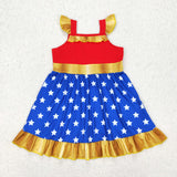GSD1877 baby Girls golden flying sleeve red blue dot Dress