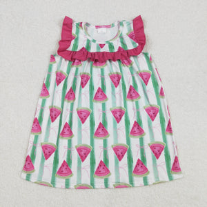 GSD1911 girls rose floral sleeve watermelon green stripe Dress
