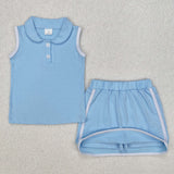 GSD1974 baby girls blue sleeveless button outfits Pure cotton