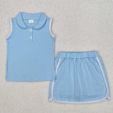 GSD1974 baby girls blue sleeveless button outfits Pure cotton
