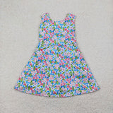 GSD1990 baby girls blue flower sleeveless dress Yoga