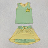 GSD2071 girls green yellow sleeveless skirt outfits milk silk
