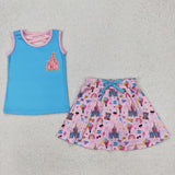 GSD2072 girls blue sleeveless pink castle skirt outfits milk silk