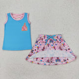 GSD2072 girls blue sleeveless pink castle skirt outfits milk silk